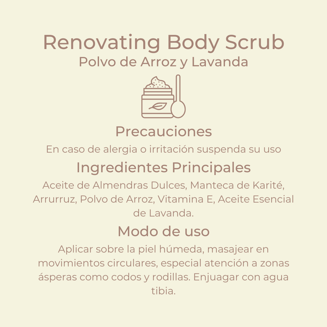 Renovating Body Scrub, Polvo de Arroz y Lavanda.