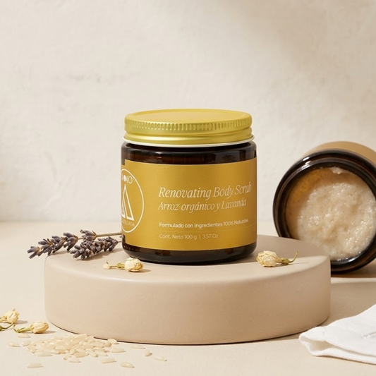 Renovating Body Scrub, Polvo de Arroz y Lavanda.